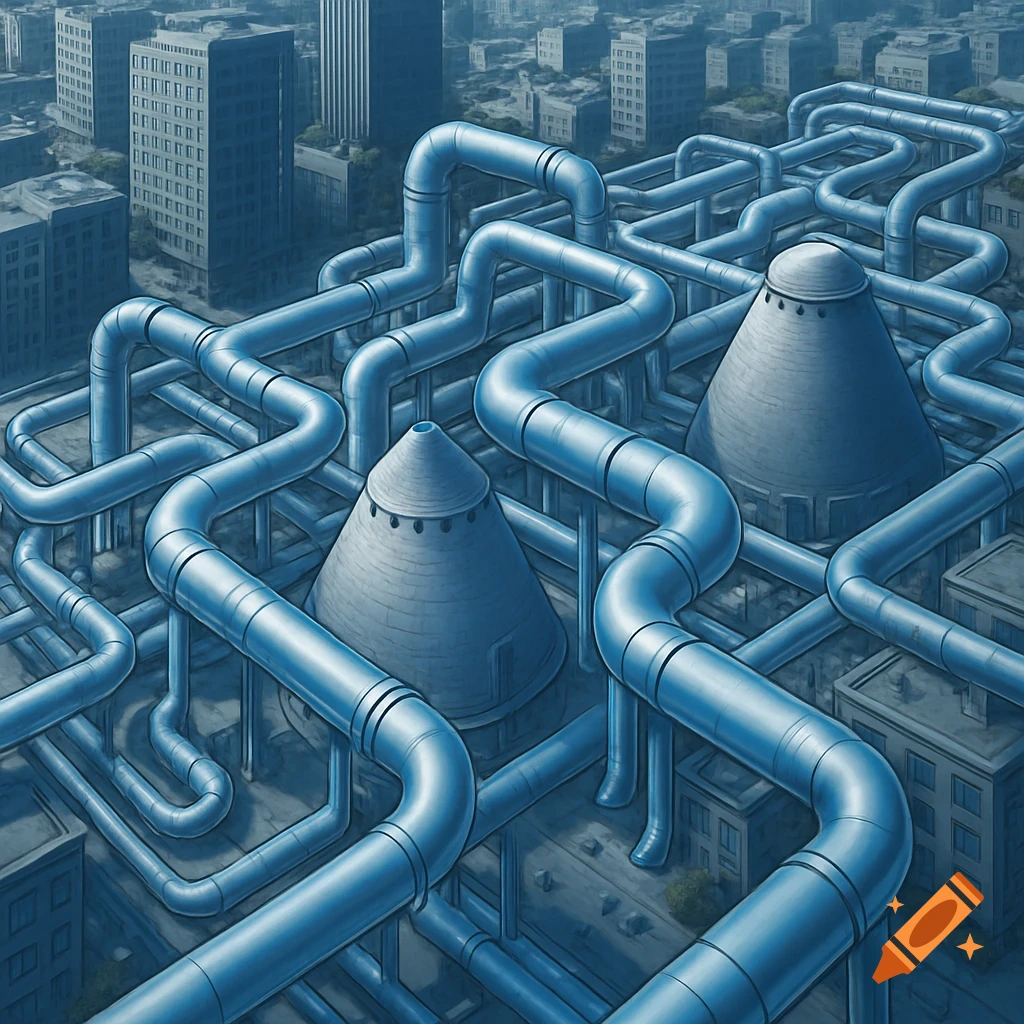 An aerial view of a city with an intricate network of blue pipes and two conical structures amidst buildings.