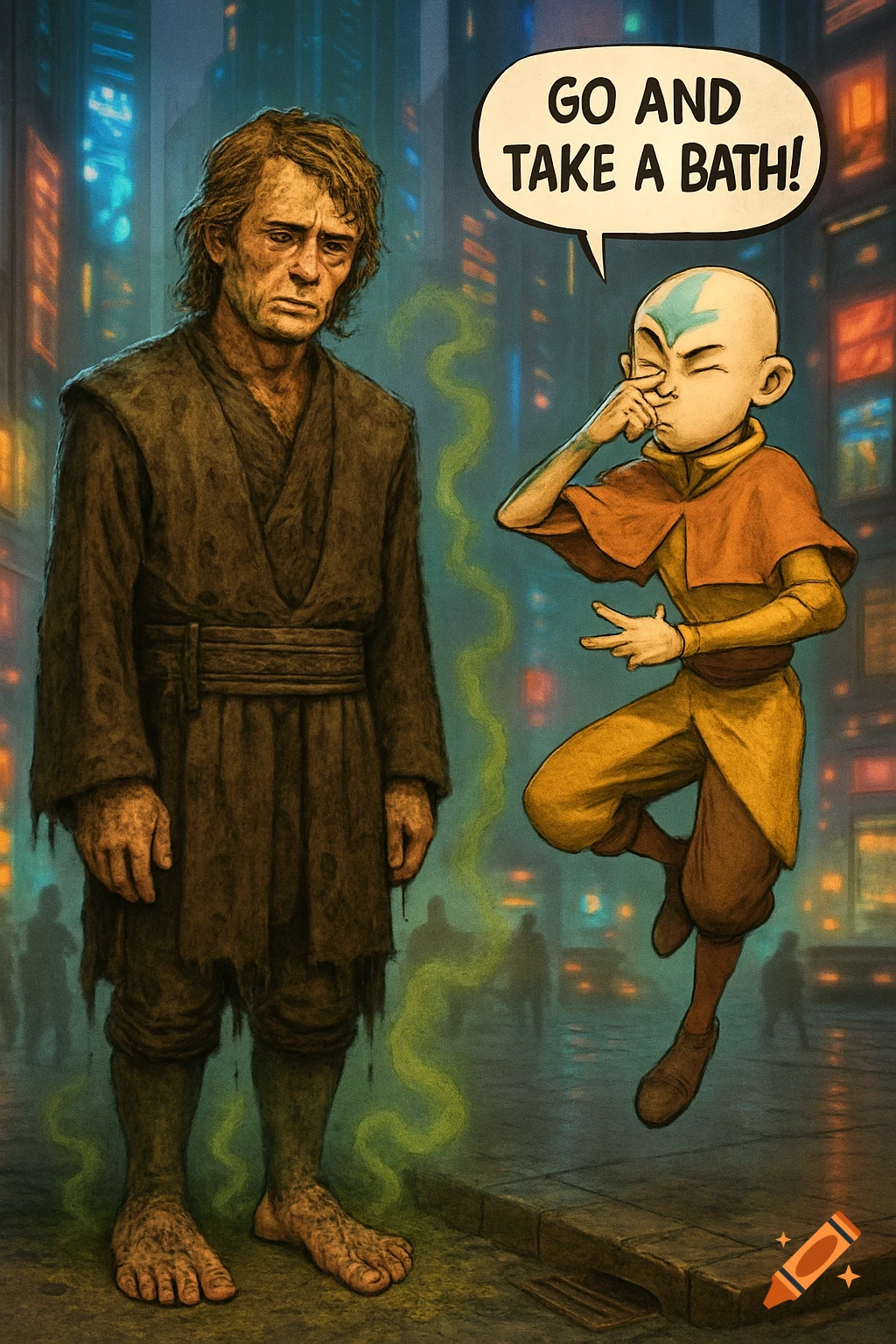 Cartoon of a dirty Anakin Skywalker with warty feet being told by Aang to take a bath, who is covering his nose from a green stench.