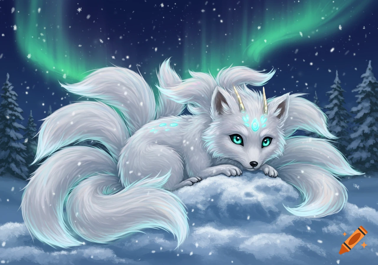 Cute white nine-tailed arctic fox dragon hybrid with glowing blue eyes and marks lies in snow under the aurora borealis.