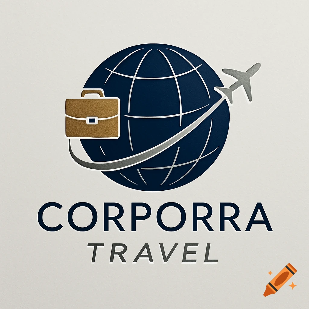 A logo with a dark blue globe, silver airplane, and brown briefcase. Text reads 'CORPORRA TRAVEL' below the emblem, in a textured style.