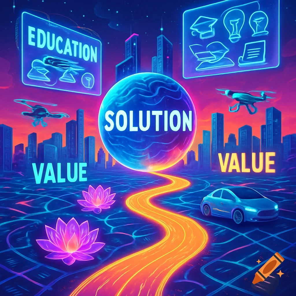 Vibrant, neon-lit futuristic city with a glowing path leading to 'SOLUTION' sphere, 'EDUCATION' and 'VALUE' signs, drones, and a car.