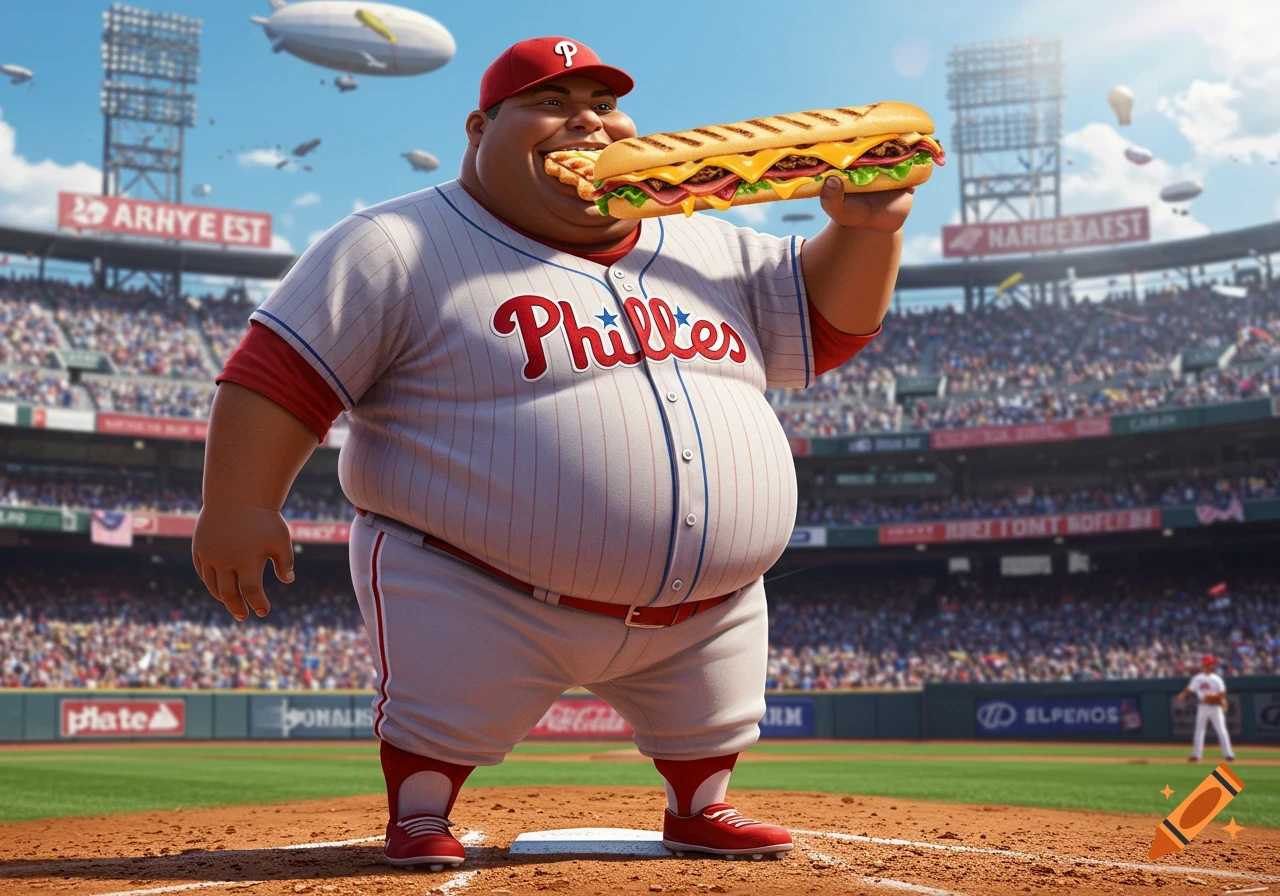 A cartoonishly obese baseball player in a Phillies uniform enthusiastically eats a large cheesesteak on a stadium field, with a blimp in the sky.