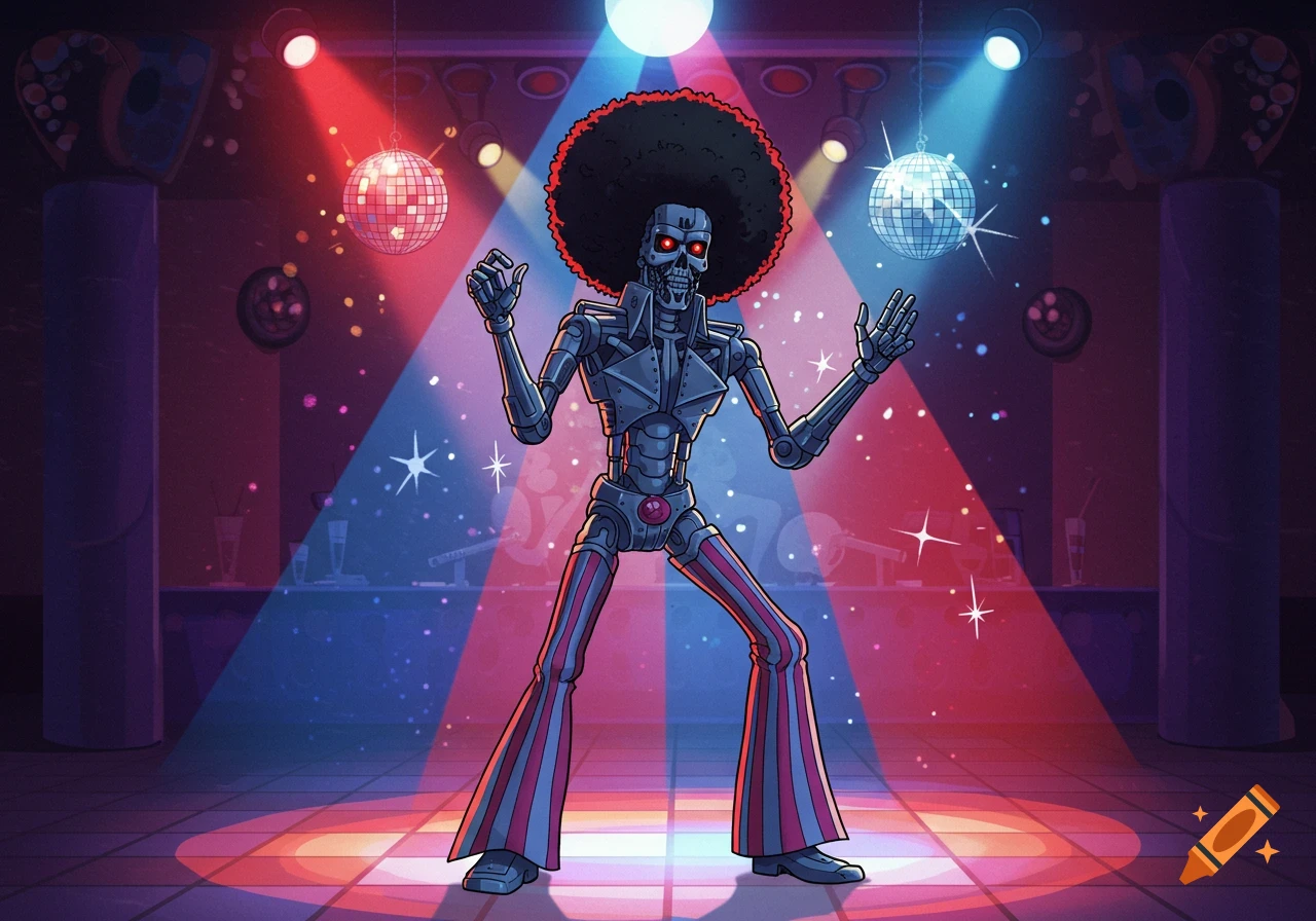 A cartoon Terminator robot with an afro and striped flares dances in a disco, illuminated by red and blue spotlights and disco balls.