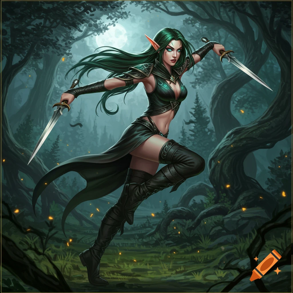 A dynamic fantasy illustration of a green-haired elf holding daggers in a moonlit forest.