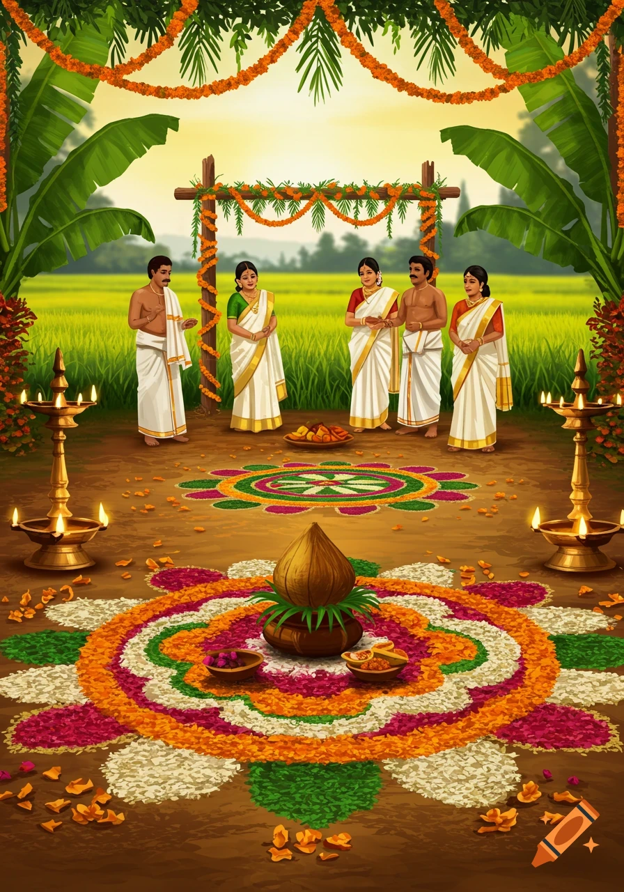 Vibrant Onam festival scene with people in traditional attire, colorful flower rangolis, lit lamps, and garlands in a rural setting.
