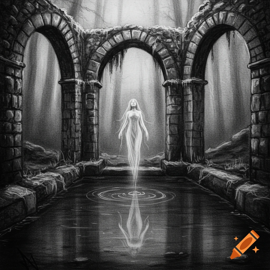 Charcoal sketch of an ethereal feminine spirit floating above water within eerie ruined arches.