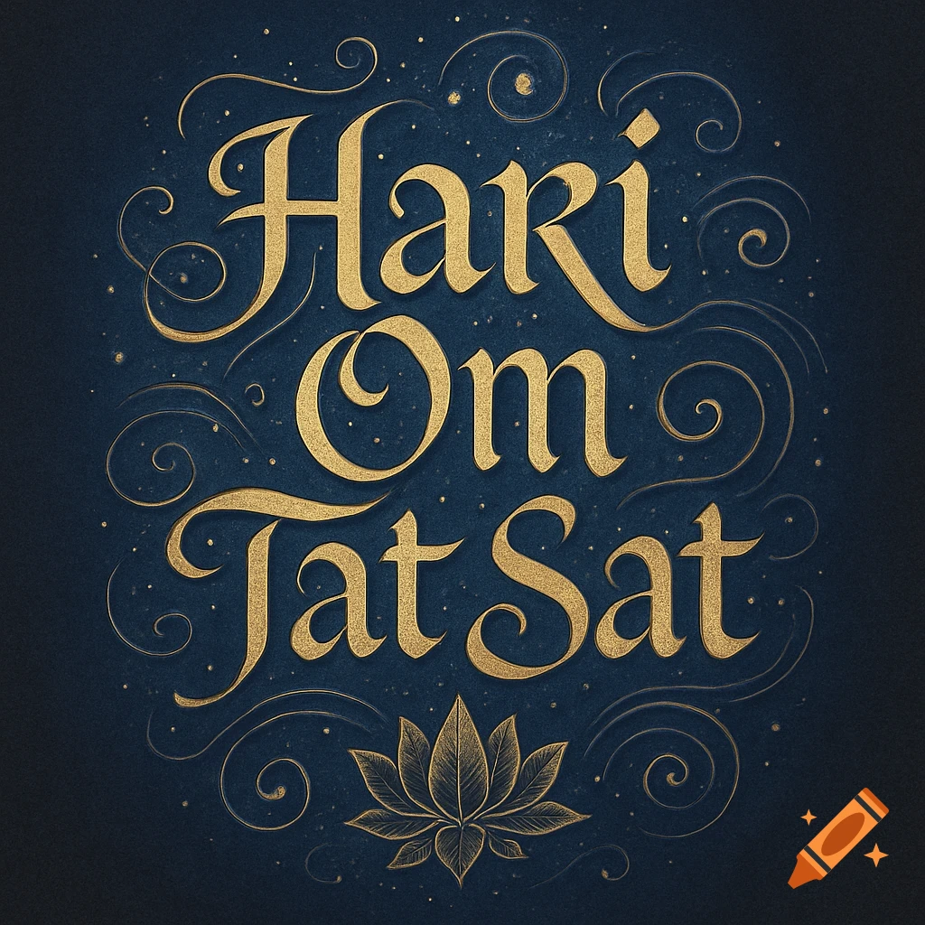 Golden ornate calligraphy spelling "Hari Om Tat Sat" on a textured dark blue background with decorative swirls and a golden lotus flower at the bottom.