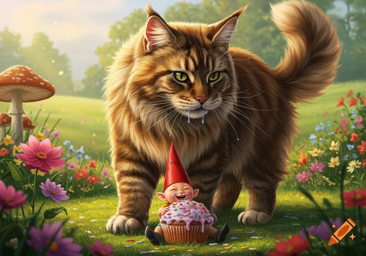 A large tabby cat drooling over a laughing gnome baby covered in cupcake frosting, in a whimsical flower field.