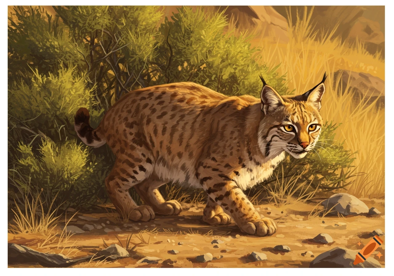A bobcat with spotted fur walks through dry, golden scrubland in an illustrated style.