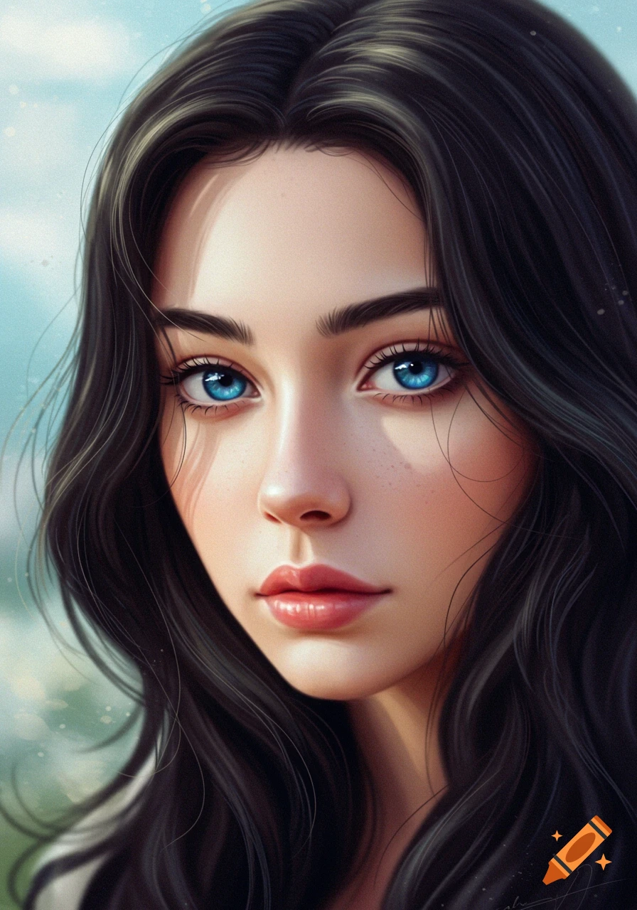 A close-up digital art portrait of a young woman with long dark hair and striking blue eyes, featuring soft lighting.