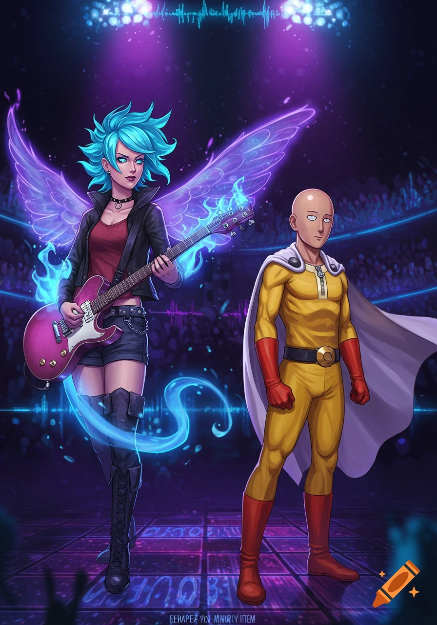 Ember McLain with glowing wings plays an electric guitar next to Saitama in his superhero suit on a dark, lit stage. Cartoon style.