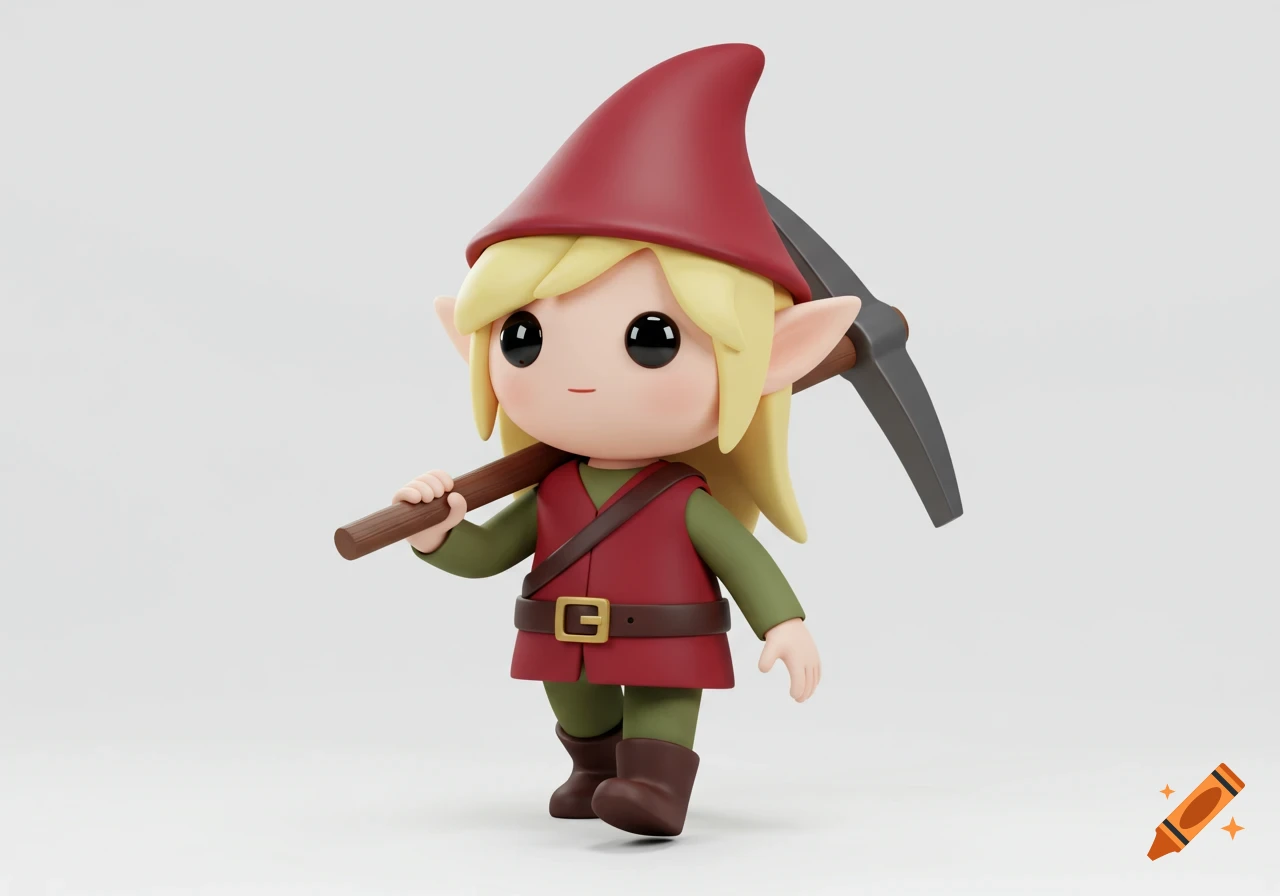 A cute, 3D cartoon elf character with blonde hair, red hat, and maroon outfit, carrying a pickaxe over their shoulder. White background.