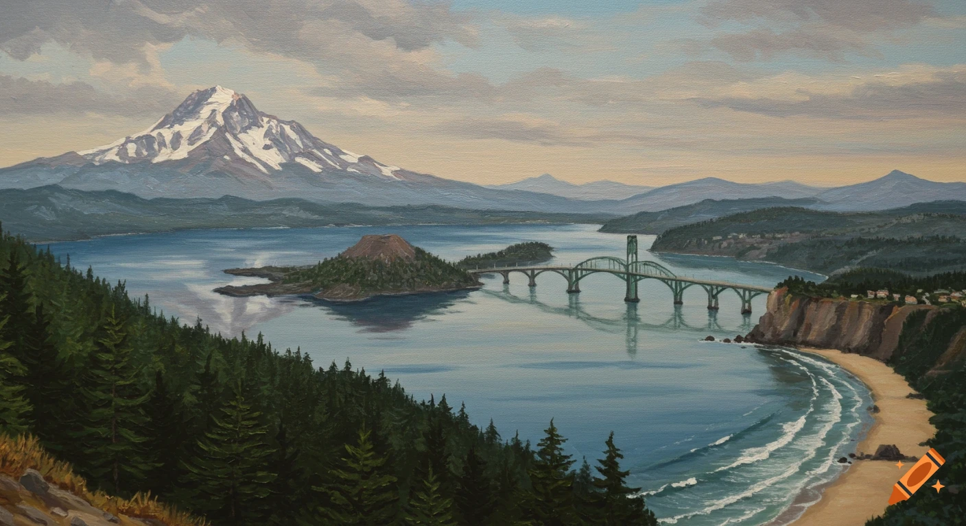 Acrylic painting of a vast mountain and water landscape with a green bridge, forested islands, and a beach with waves under a cloudy sky.