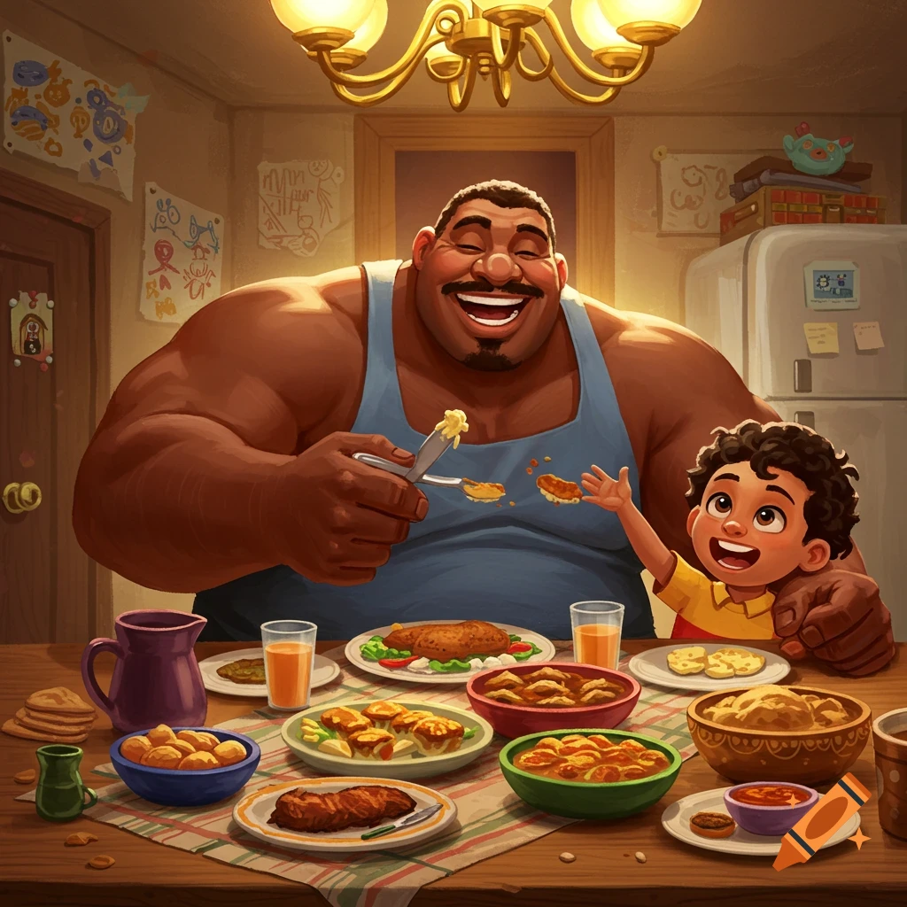 A joyful, muscular father and his son share a meal at a table laden with various dishes, in a warm, stylized illustration.