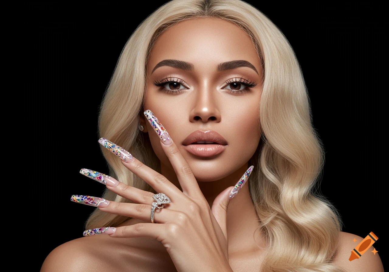 Photorealistic portrait of a woman with blond hair, glam makeup, and very long, colorful patterned nails, wearing a ring.