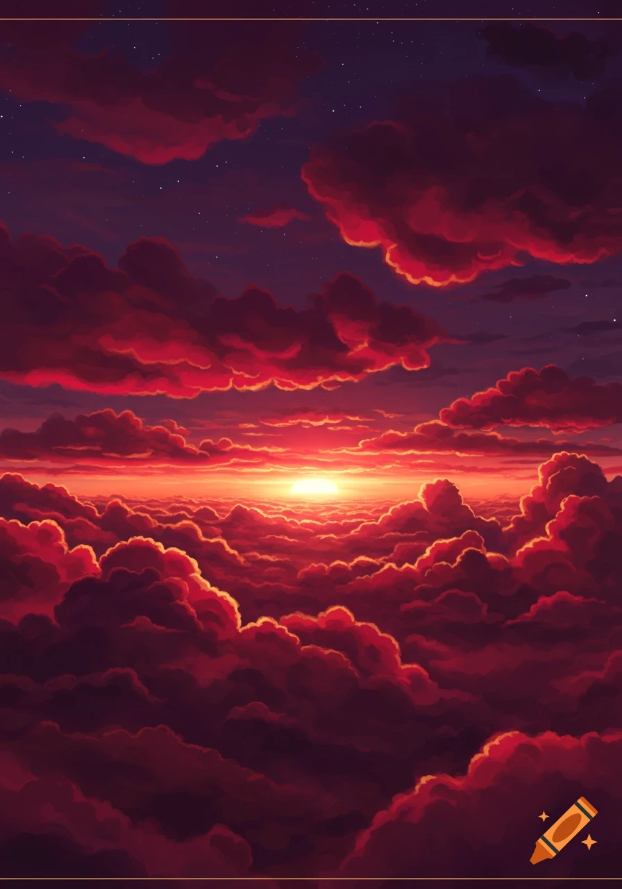 A vibrant, stylized sunset over a vast sea of dark red and orange clouds, with a bright sun on the horizon.