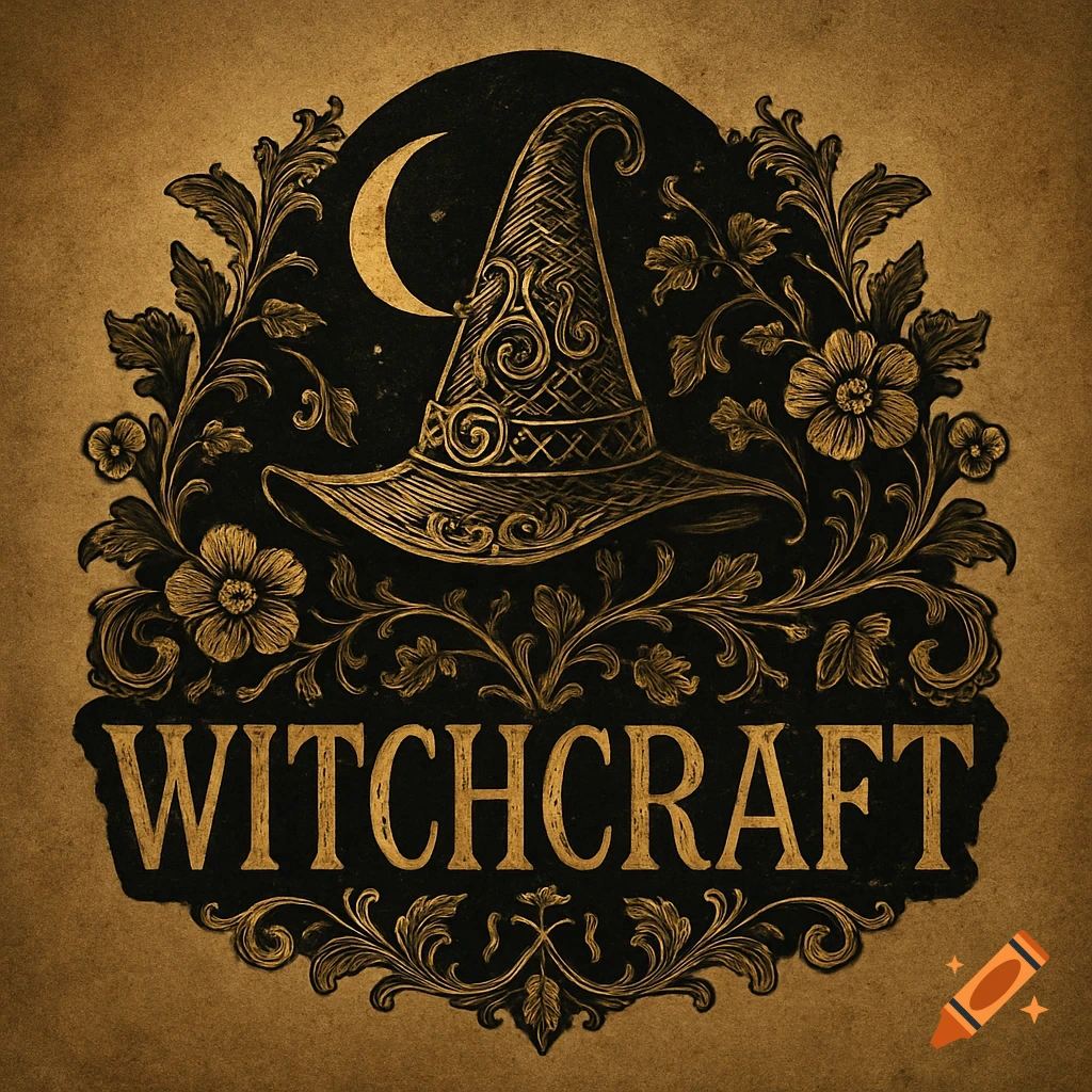 Vintage-style black and gold logo with a witch hat, crescent moon, ornate floral details, and the word WITCHCRAFT.