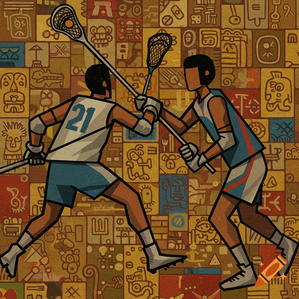 Two stylized lacrosse players in a game stance, depicted in a Constructivist art style with a background of ancient glyphs.