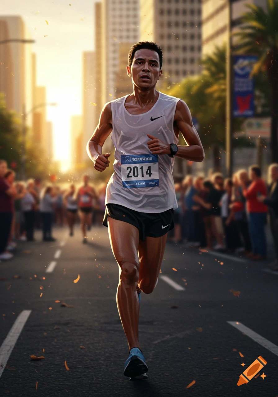 A photorealistic image of a male runner with race bib '2014' during a city marathon at sunset.