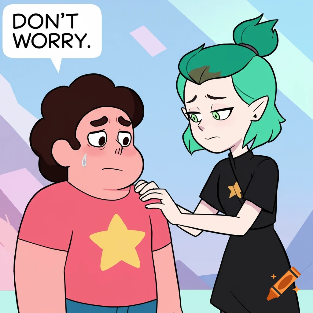 Cartoon characters Steven Universe looking distressed, being comforted by Amity Blight who says 'DON'T WORRY.'