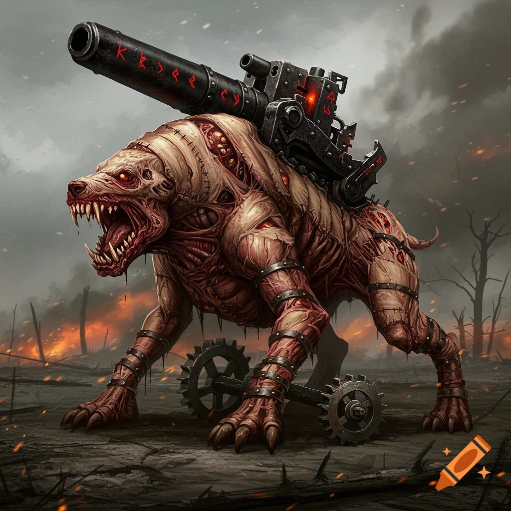 A grotesque, dog-like flesh golem with exposed muscles and stitches, carrying a large cannon on its back, stands in a fiery, desolate battlefield in a dark fantasy art style.