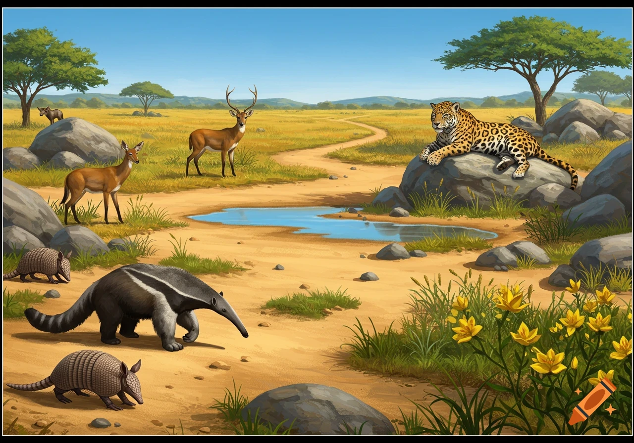 A detailed illustration of a tropical savanna scene with a jaguar on a rock, deer, anteater, and armadillos near a puddle on a sand path.