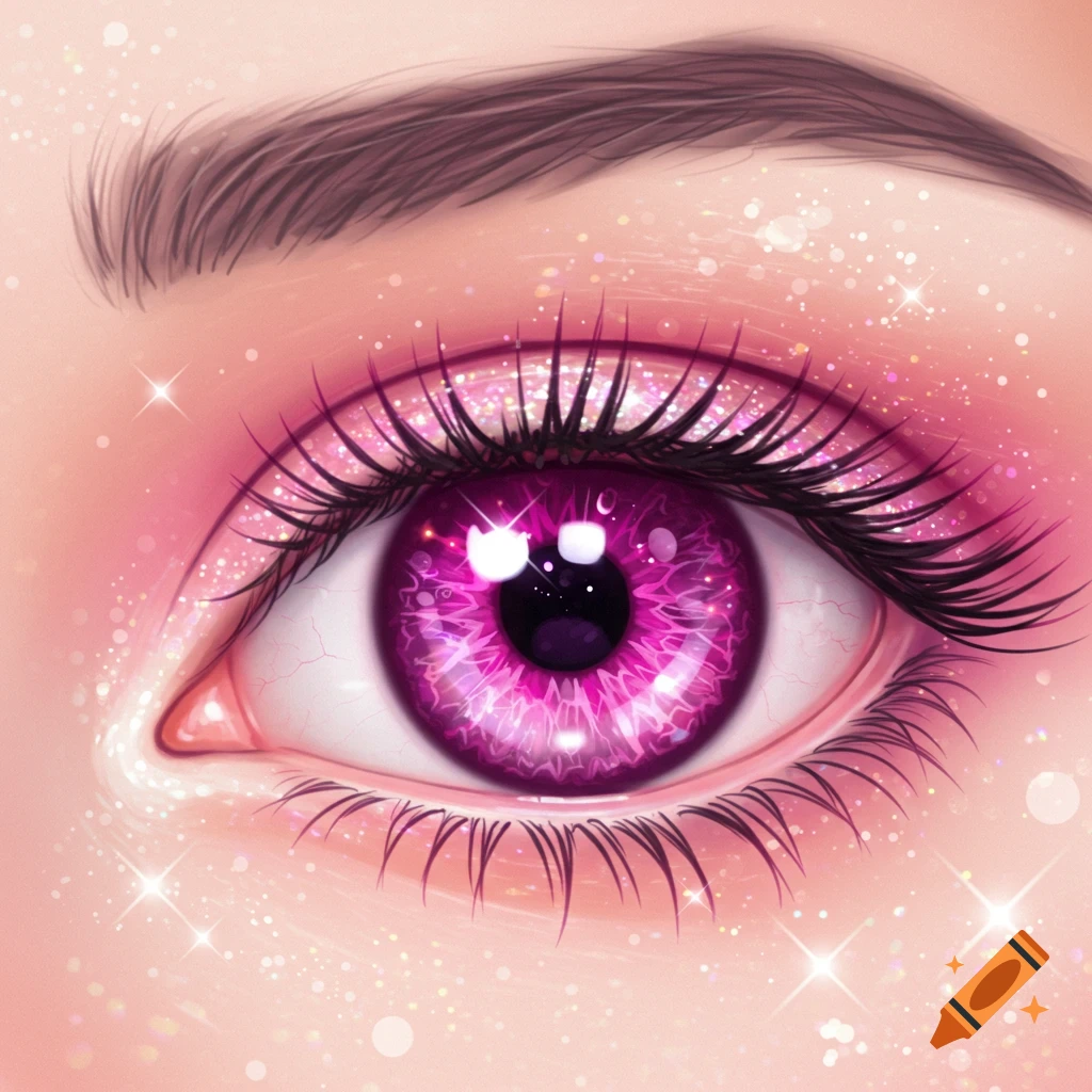 A close-up of a vibrant, sparkling magenta anime eye with long eyelashes and glittery pink eyeshadow.