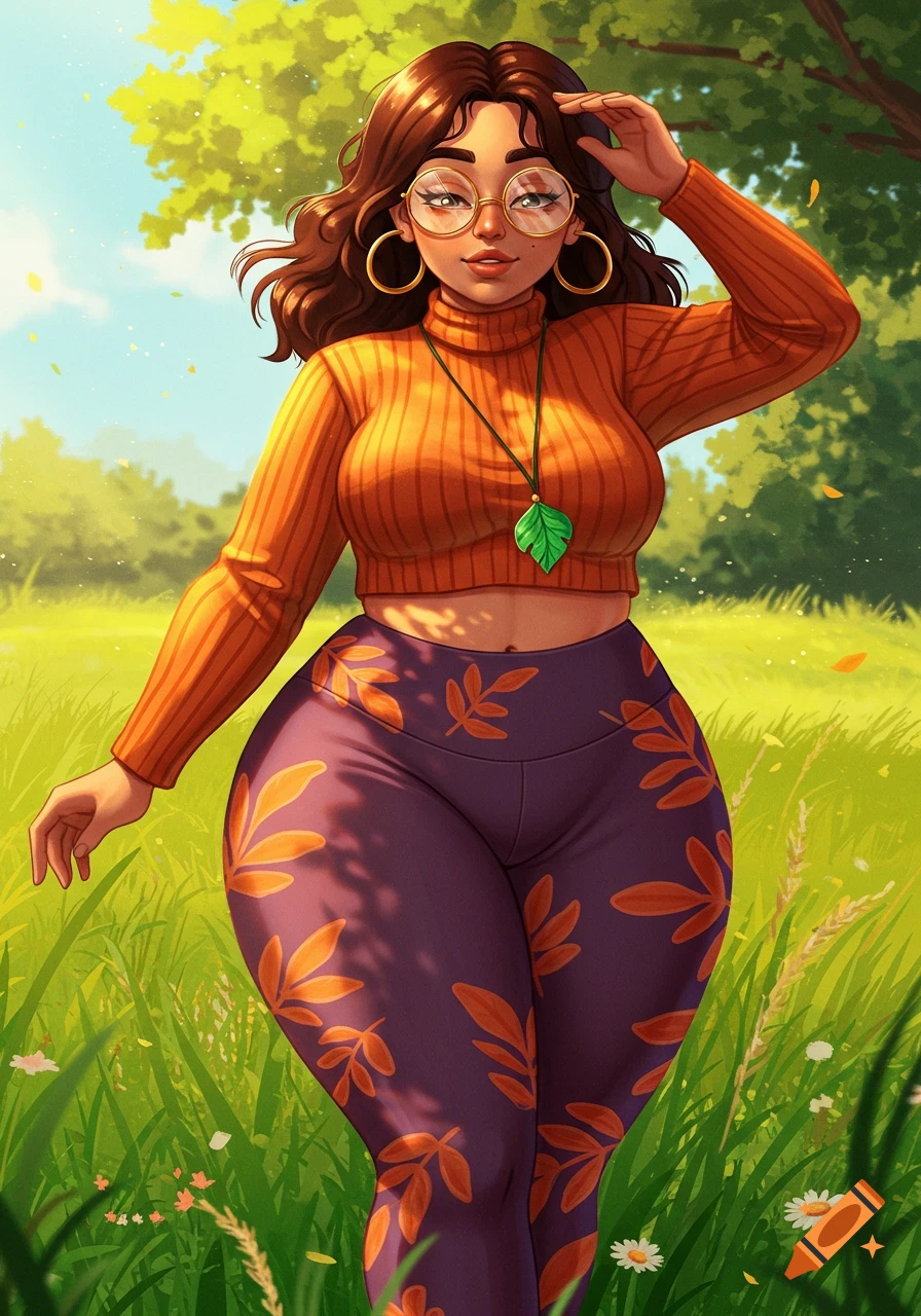 Vibrant illustration of a woman in an orange turtleneck, purple leaf-patterned leggings, glasses, and a leaf pendant, in a sunny field.