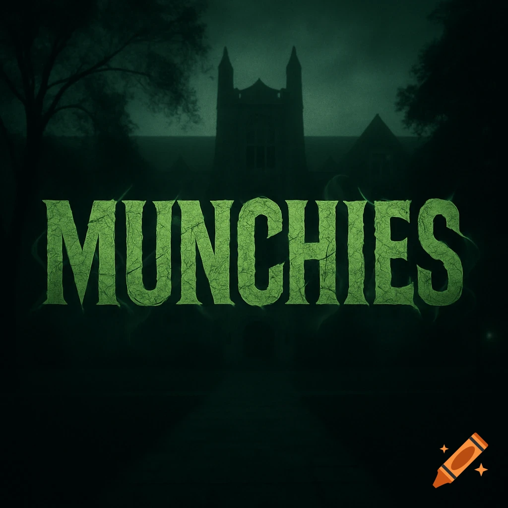 Green, cracked 'MUNCHIES' title treatment over a dark, misty gothic college building with trees.