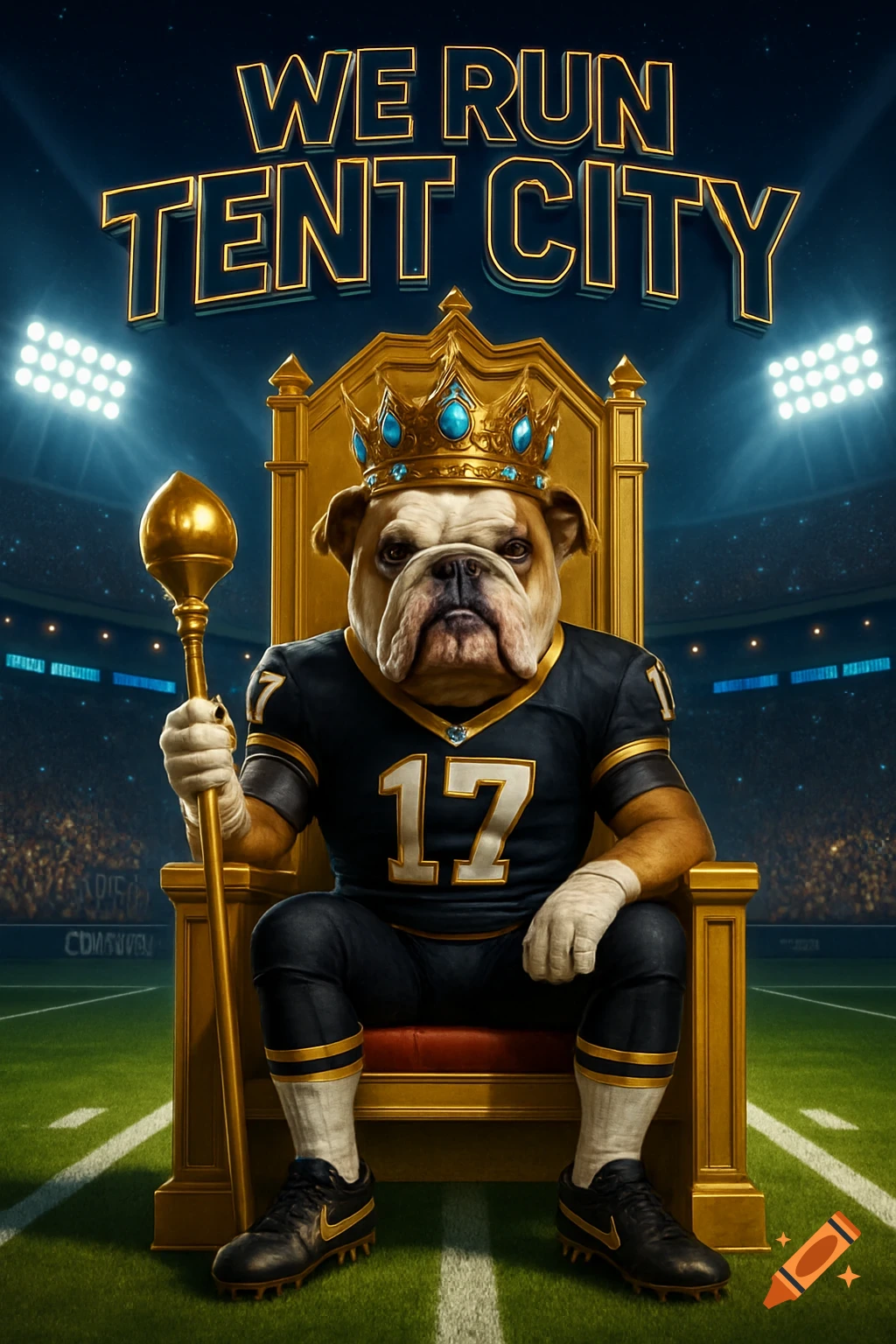 Photorealistic bulldog in a #17 football uniform, crowned and holding a scepter, seated on a golden throne at midfield in a stadium, with 'WE RUN TENT CITY' text.