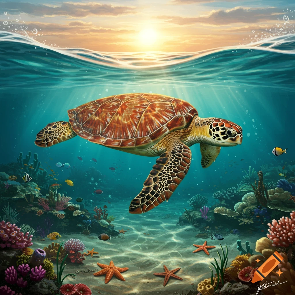 A sea turtle swims gracefully through a vibrant coral reef, with the sun's rays penetrating the clear blue water from above.