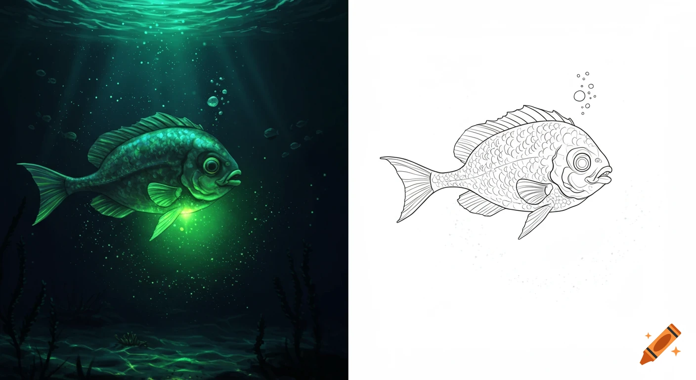 A two-page spread showing a glowing green bioluminescent fish in the deep ocean on the left, and a black and white outline of the same fish for a coloring book on the right.