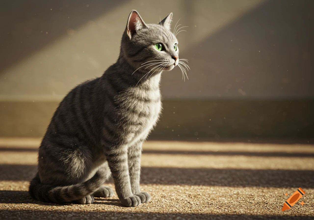 A photorealistic grey tabby cat with green eyes sits, looking right in a sunlit room with dust motes visible.