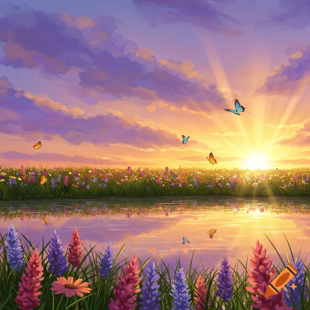 Vibrant sunset over a field of wildflowers by a calm lake with butterflies flying, reflecting the colorful sky.