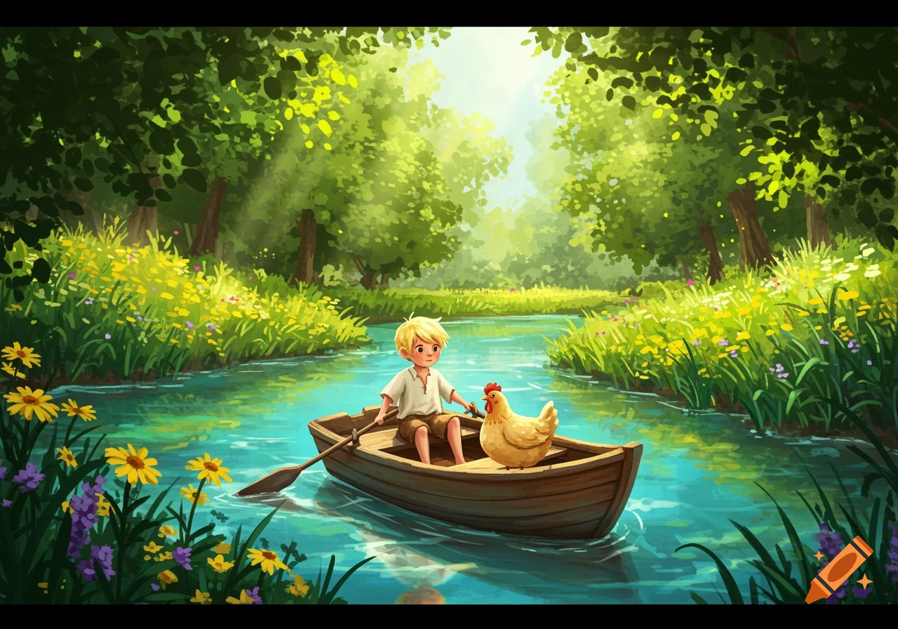 A blond boy in a rowboat with a chicken on a tranquil river, surrounded by lush green trees and wildflowers in a bright illustration.