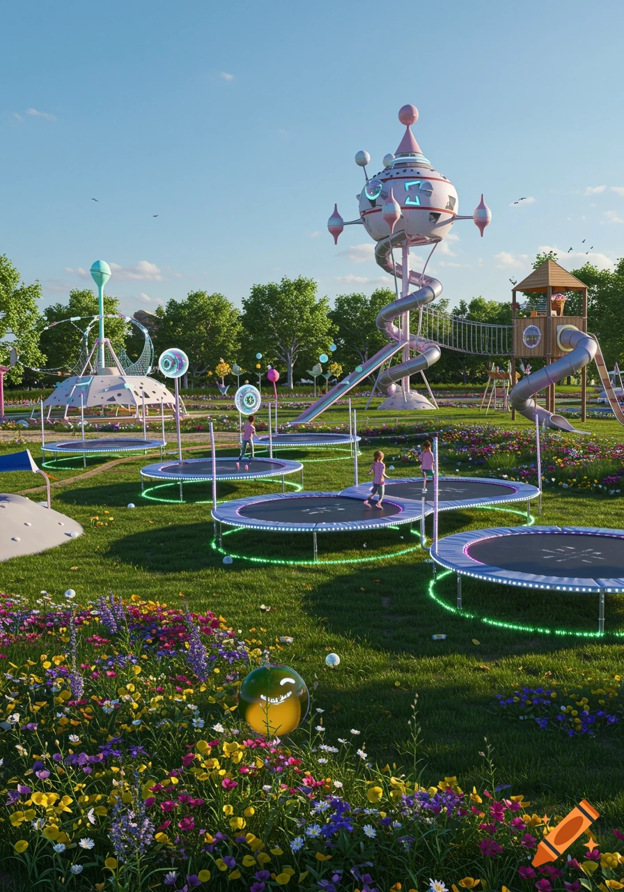 Children play on trampolines in a vibrant, futuristic playground with whimsical structures and wildflowers under a clear blue sky.