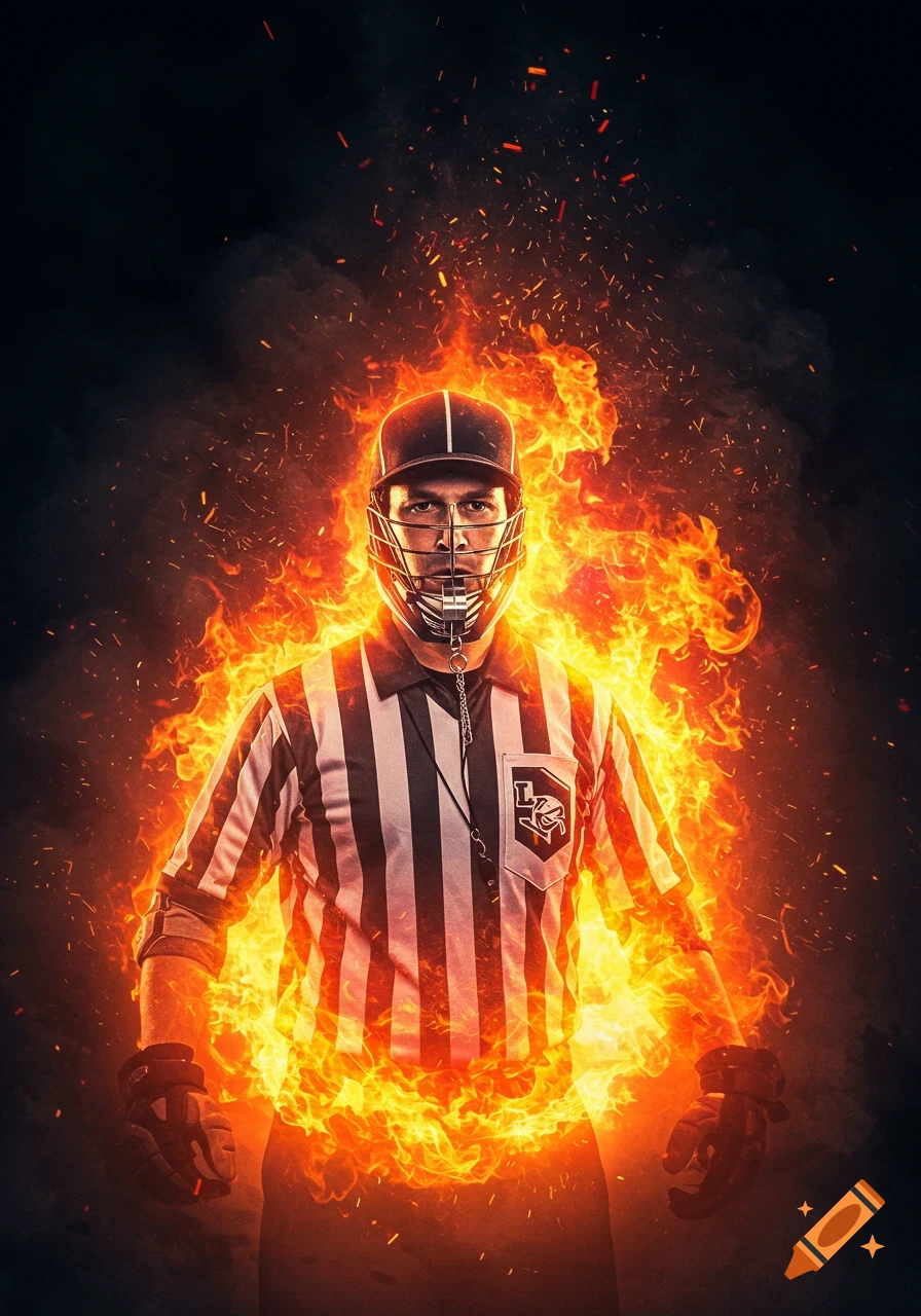 A dramatic photorealistic image of a lacrosse referee in a striped uniform and helmet, engulfed in stylized orange flames, on a dark background.
