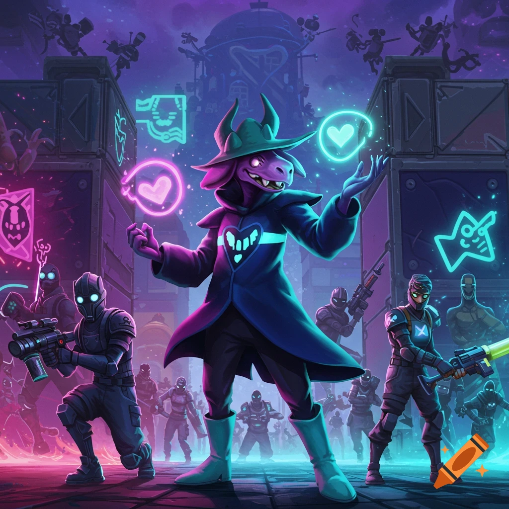 A stylized image of a goat-like character in a hat and coat casting neon spells, surrounded by armored soldiers in a futuristic cityscape.