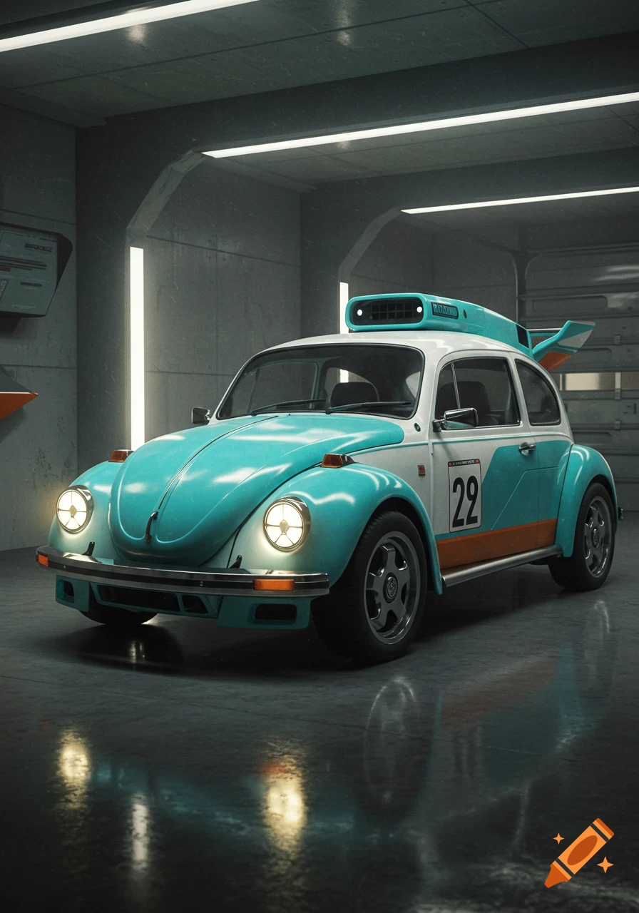 A cyan, white, and orange modified VW Beetle with a large roof scoop and spoiler, headlights on, parked in a minimalist concrete garage.