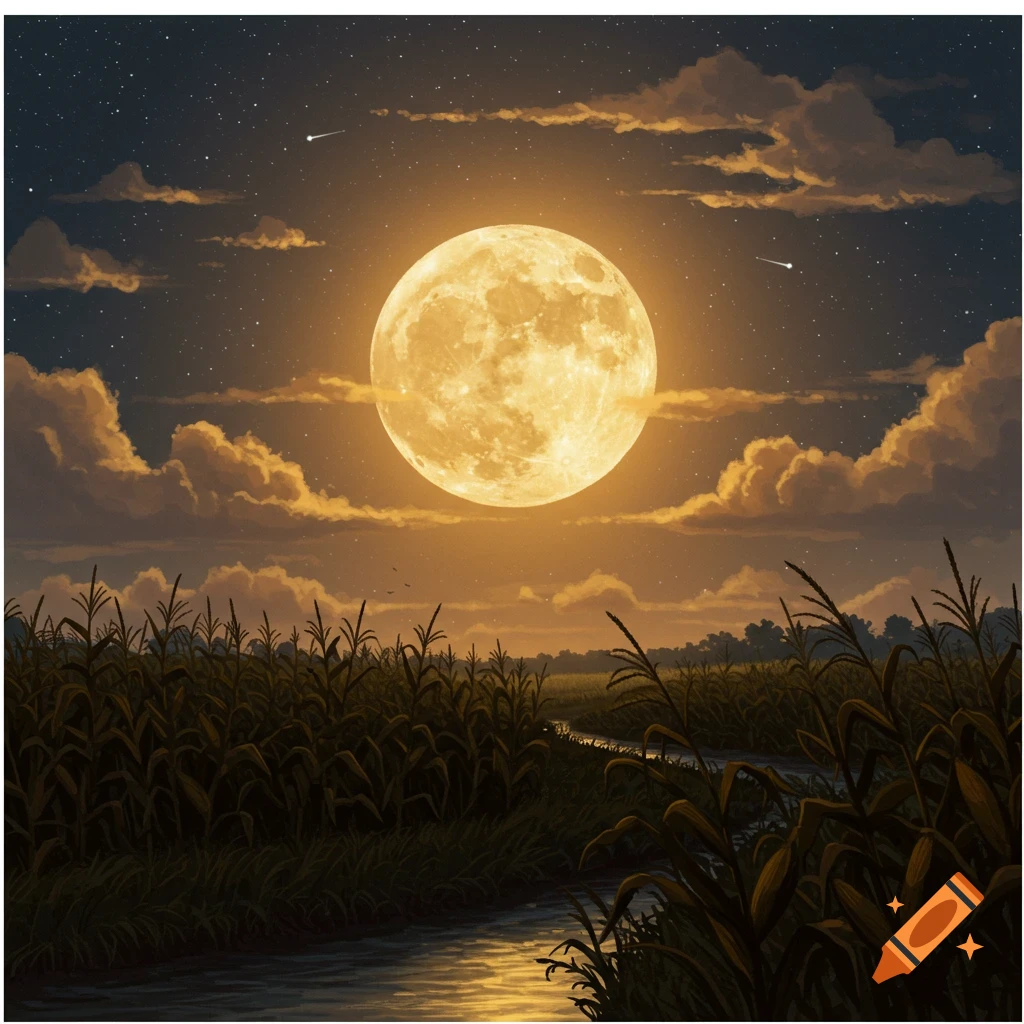 Illustrated full moon shining over a dark cornfield and stream under a star-filled night sky.