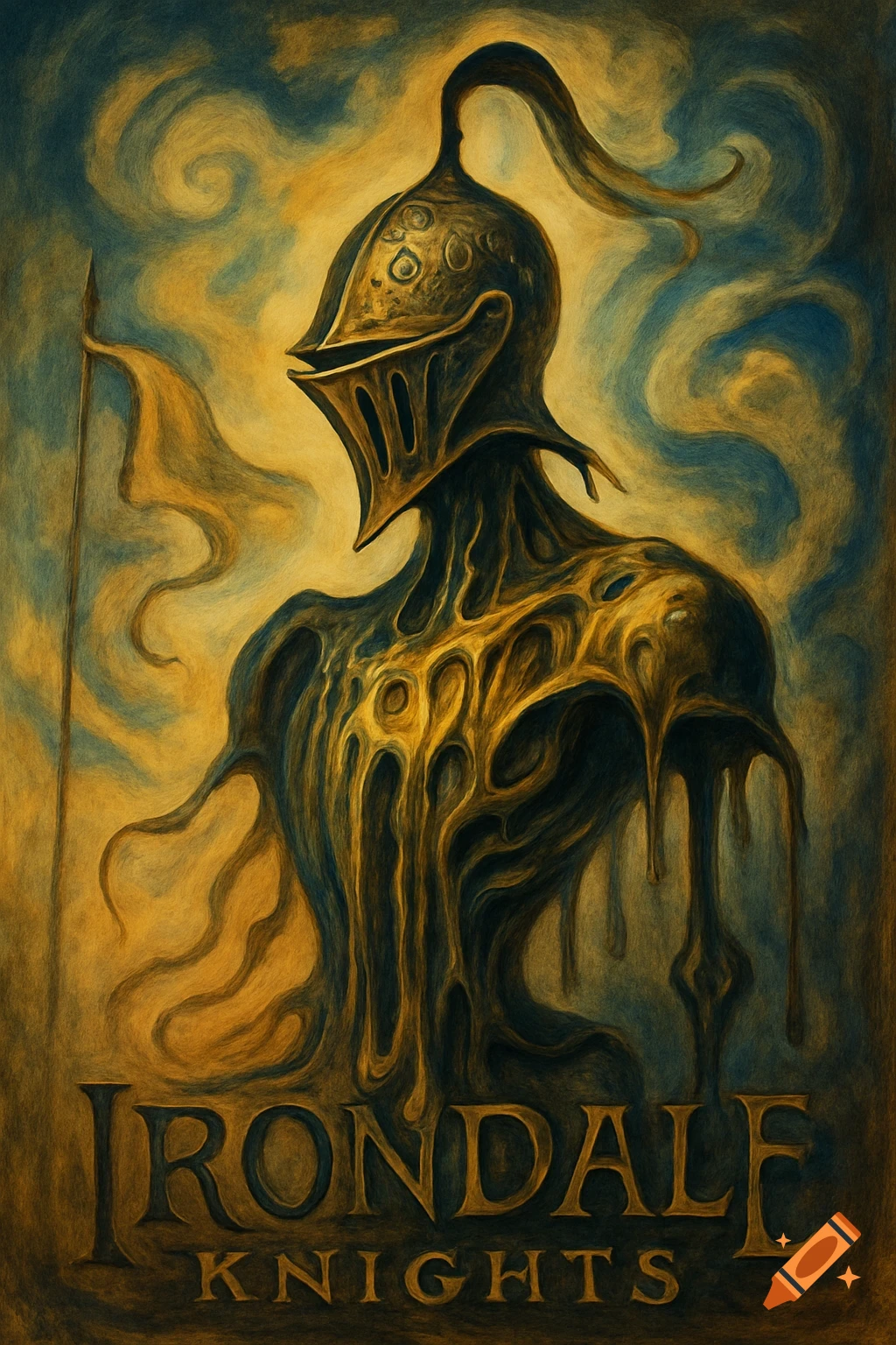A surreal, melting golden knight with dark blue and yellow swirling background, with 'IRONDALE KNIGHTS' text below.