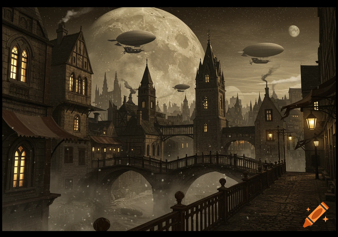A sepia-toned steampunk Victorian city at night, with multiple airships flying over ancient bridges and tall buildings under a giant moon.