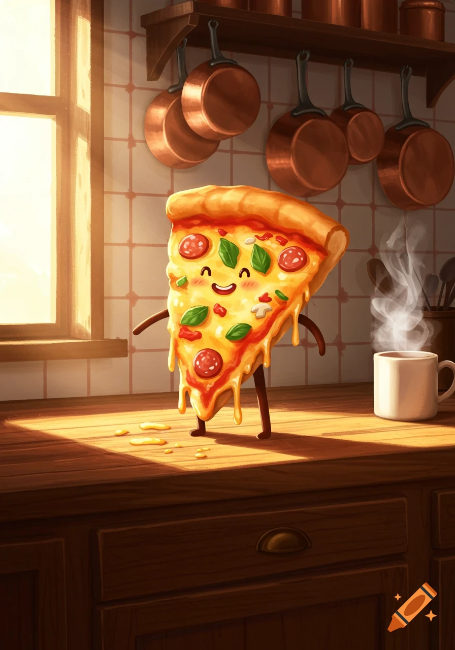 A happy, anthropomorphic cartoon pizza slice stands on a sunny kitchen counter next to a steaming mug, with copper pots in the background.