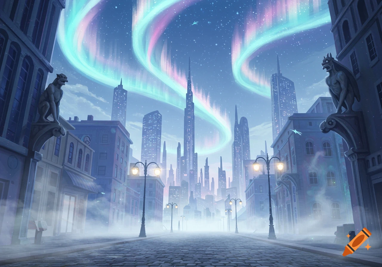 A dreamlike cityscape under a colorful aurora, with futuristic skyscrapers, traditional buildings with gargoyles, and a misty street.