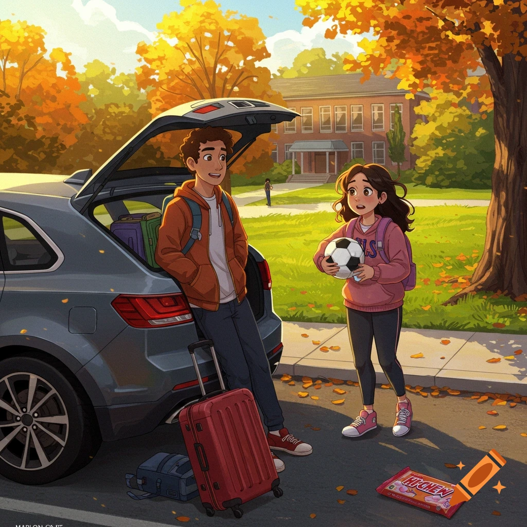Cartoon boy and girl with luggage and a soccer ball in front of a college building in autumn.