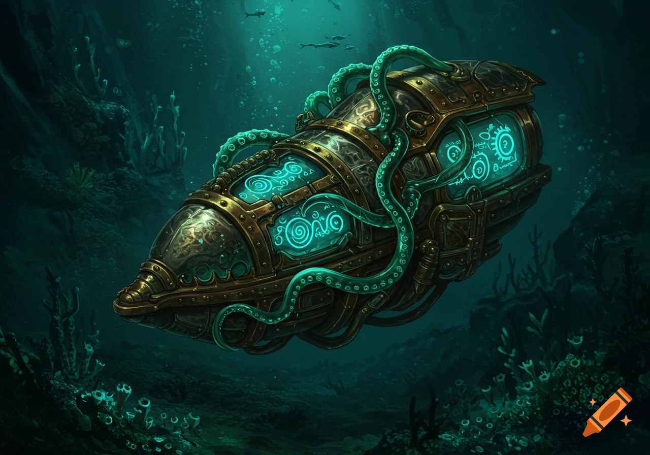 A lovecraftian steampunk submarine with glowing panels and tentacles, submerged in a dark ocean with coral.