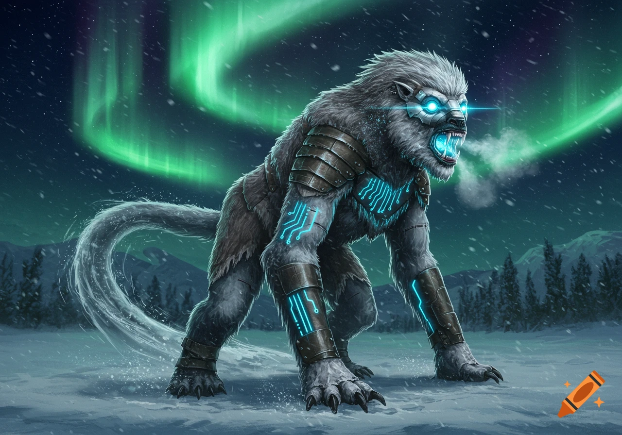 A white, furry, wolf-like creature with glowing blue sci-fi circuitry, metal armor, and bright eyes, exhaling mist in a snowy landscape under green aurora.