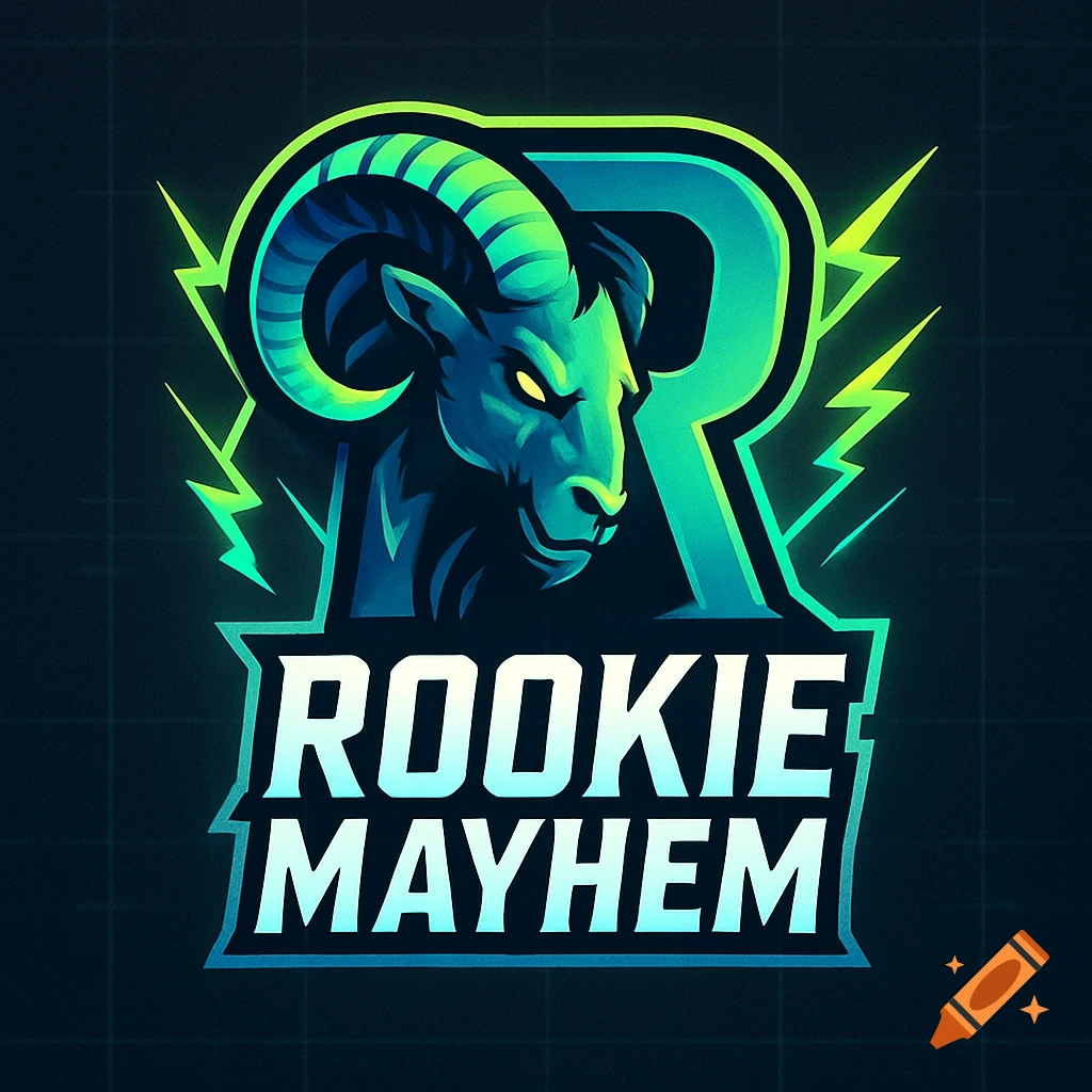 Stylized esports logo with a green and blue ram's head and lightning, above text 'ROOKIE MAYHEM' on a dark grid background.