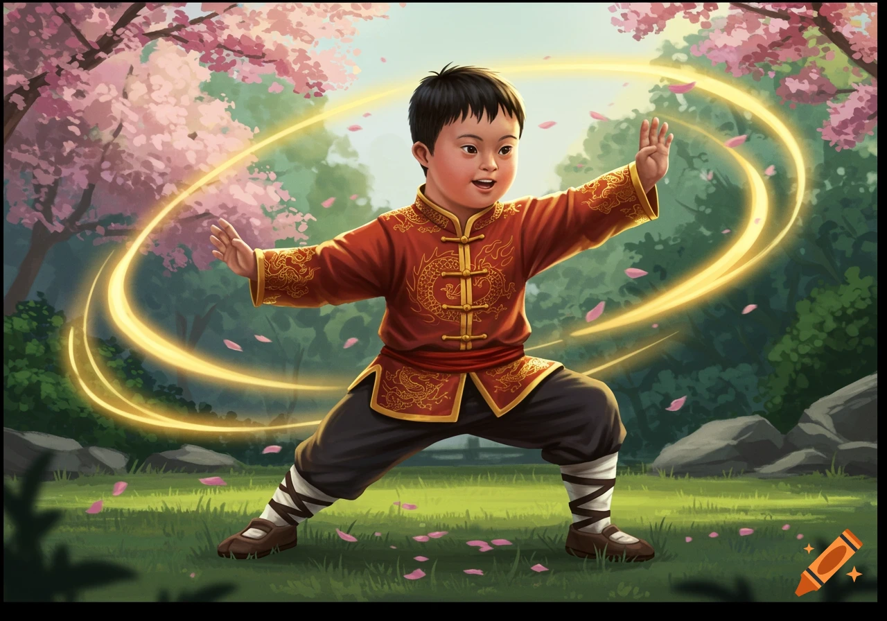 Illustrated Asian boy with Down syndrome doing Kung Fu amidst cherry blossoms, with glowing rings around him.