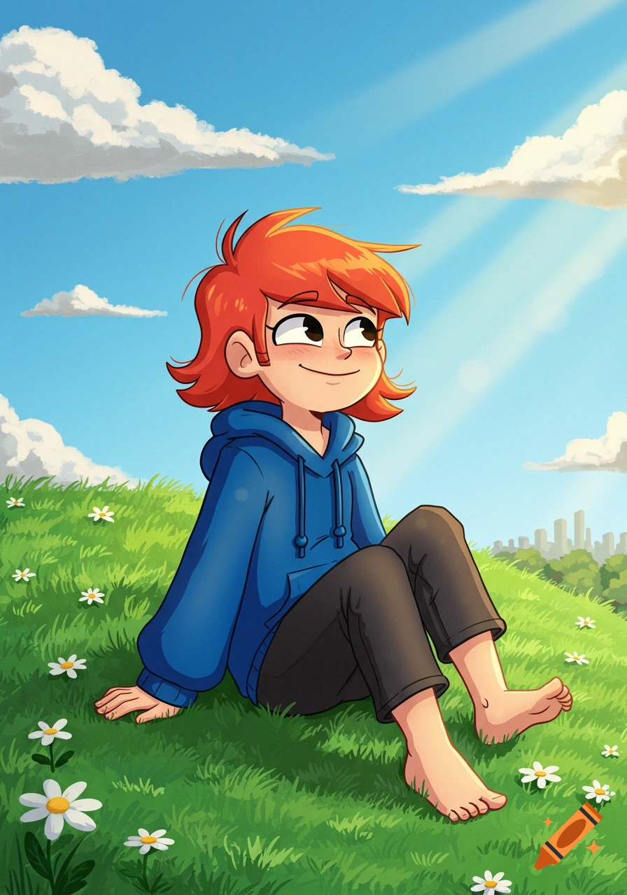 Red-haired cartoon girl in a blue hoodie sits barefoot on a sunny grassy hill, looking up. Distant city in background.